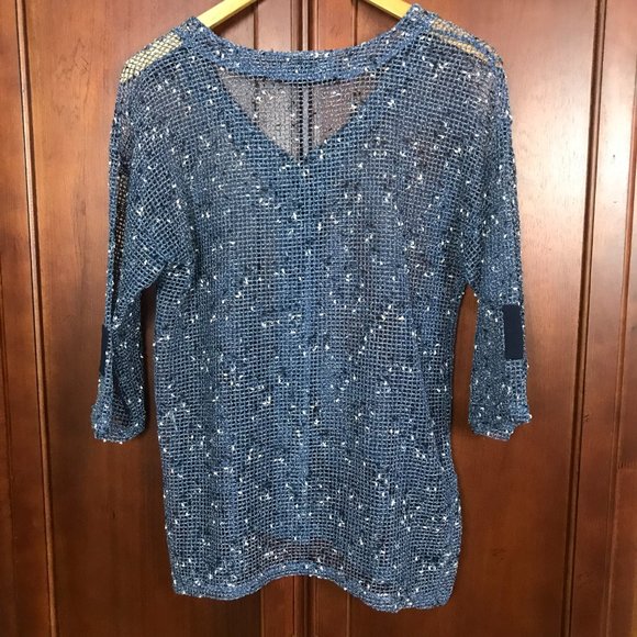 Creation Blue Button Up Fishnet Sheer Blouse Size S - Picture 6 of 6